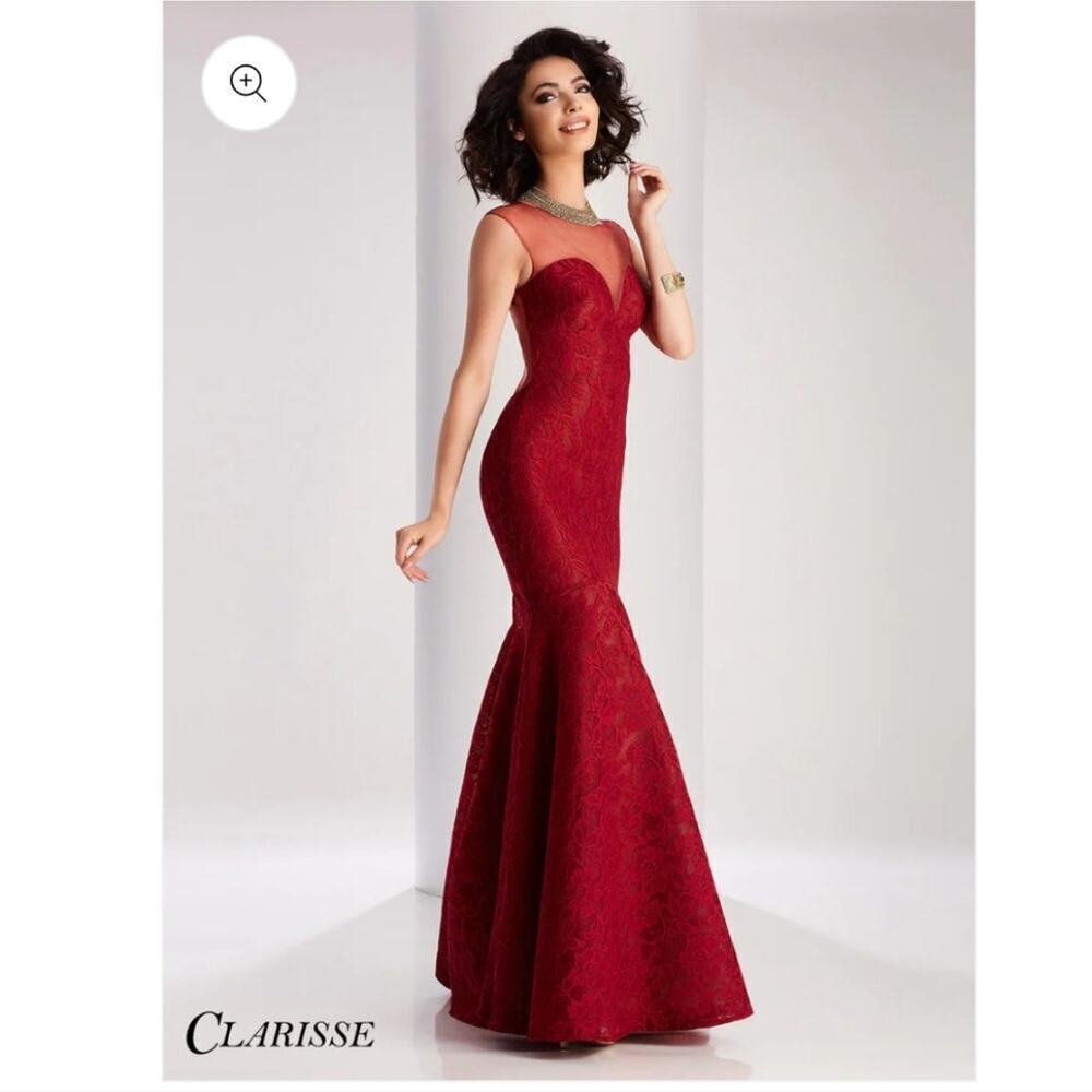 CLARISSE red formfitted Mermaid sweethaert with overlay sheer top prom dress 2